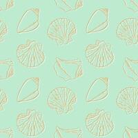 Sea ocean pattern with seashells on the sand beach, mint green background. vector