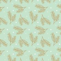 Mint green pattern with pine spruce branches and snow, winter background. vector
