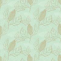Cocoa bean doodle branch with grains and leaves pattern on mint green background. vector