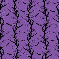Tree branches gnarled old crooked and bats, Halloween pattern with black silhouettes on purple background. vector