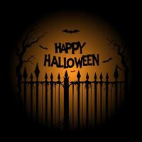 Happy Halloween poster on orange gradient background, with cemetery with an old scary fence and silhouette of bats. vector