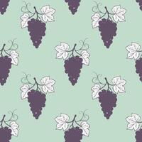 Grape seamless pattern on mint green background, contour doodle gray drawing of grape berries and leaves. vector