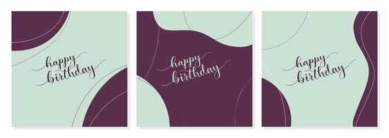 Set of Happy Birthday cards, mint and burgundy color posters, lettering with hand drawn letters. Abstraction in boho style. vector