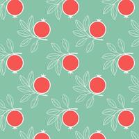 Pomegranate fruits pattern, green pastel color background, white branch with red fruit and leaves, stylized contour drawing. vector