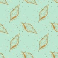 Seashells on mint green background, golden outline pattern of seashells on the seabed. vector
