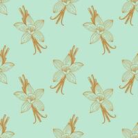 Spice pattern with vanilla flowers gold and pods on light green background. vector