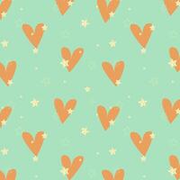 Pattern with hearts and shining stars on mint background. vector