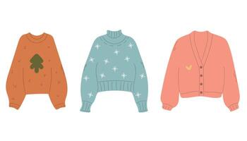 Merry Christmas collection with funny sweaters, large set with hand-drawn holiday pullover with Christmas tree and snowflakes vector