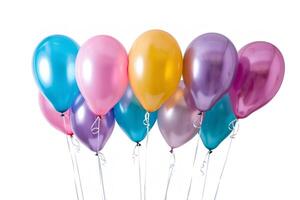 Bunch of colorful balloons tied together with ribbon. Celebration, birthday symbols. photo