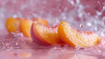 Slices of juicy peach burst through splashes of water. Summer banner. photo