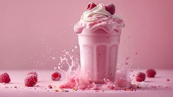 Glass of shake smoothie with raspberry on pink background. Summer drink. photo