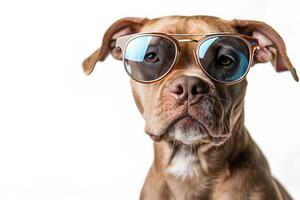 Pet dog pitbull in sunglasses isolated on white background with copy space. photo
