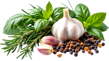 Top view of Herbs and spices isolated on background, ingredients for cooking food, healthy vegetables food, high fibers and vitamins. png