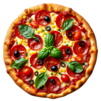 Isolated top view of a vegan pizza featuring tomatoes and olives on a clear background. png