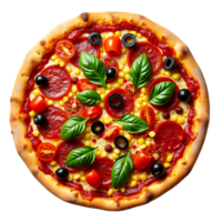 Vegan pizza topped with tomatoes and olives, beautifully isolated from above on a transparent backdrop. png