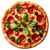 Vegan pizza with tomatoes and olives isolated on transparent background, top view png
