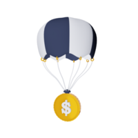 Parachute with gold coin 3d icon on isolated background png