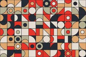 Abstract vintage mosaic pattern featuring colorful geometric shapes and tiles. Includes circles and triangles in red, black, beige, and orange, creating a decorative and seamless design vector