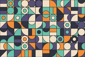 Retro mosaic pattern with colorful geometric shapes, including circles and tiles in green, orange, purple, and beige vector
