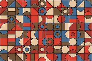 Retro mosaic pattern with colorful geometric shapes, including circles and tiles in red, blue, brown, and beige. Abstract decorative design with a vintage feel and seamless repetition vector