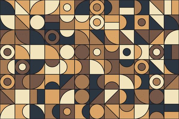 Retro mosaic pattern with colorful geometric shapes, including circles and tiles in brown, beige, and black