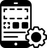 A black and white icon of a smartphone with a gear wheel vector