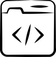 A black and white icon of a folder with a code symbol vector