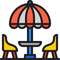 A restaurant table and chairs under an umbrella vector