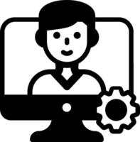 A man is sitting in front of a computer with a gear wheel vector