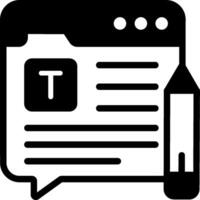 A black and white icon of a speech bubble and a pen vector