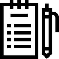 A black and white icon of a pen and a clipboard vector