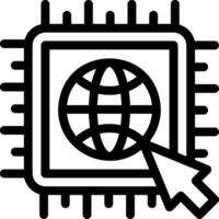 A black and white image of a computer processor with a globe icon vector
