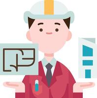 A man in a hard hat holding a blueprint and a building vector
