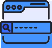 A blue and white icon of a computer with a magnifying glass vector