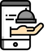 A hand holding a phone with a food tray on it vector