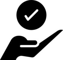 A black and white icon of a hand holding a check mark vector