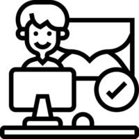 A man sitting at a desk with a computer and a check mark vector