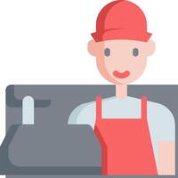 A man in an apron is standing behind a sink vector