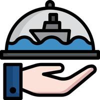 A hand holding a tray with a ship on it vector