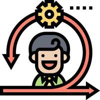 A man is standing in front of a gear and arrow vector