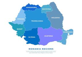 Blue Romania map with outlined regions and regions names, isolated on white background vector