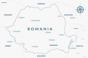 Romania map outline with main cities and neighboring countries. Blue thin line contour of Romania map vector