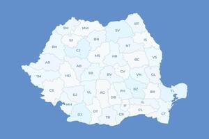 White Romania map with counties outline and counties abbreviations on blue background. Romania map for presentations, infographics, posters, reports vector