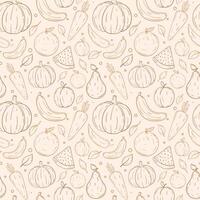 Outline vegetables and fruits seamless pattern. Hand draw thin line doodle farm fresh fruit and vegetables pattern. vector