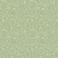 Outline vegetables and fruits seamless pattern. Hand draw thin line doodle farm fresh fruit and vegetables pattern. Organic healthy veggie food vector