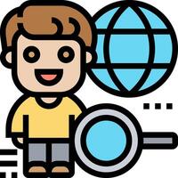 A man holding a magnifying glass and a globe vector