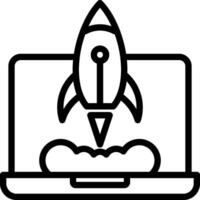 A black and white illustration of a rocket launching from a laptop vector