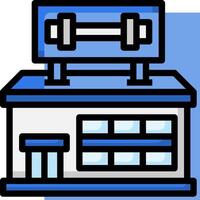 A blue and white building with a sign on it vector