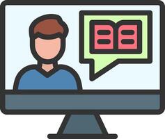 A man is looking at a computer screen with a book vector