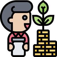 A cartoon man with a plant growing on top of a stack of money vector